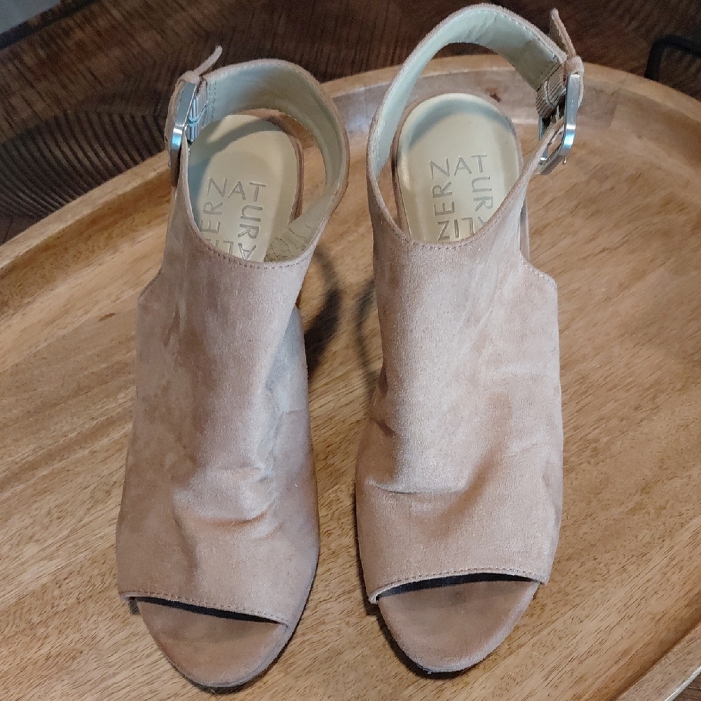 Naturalizer Taupe Suede Peep-Toe Slingback Mules